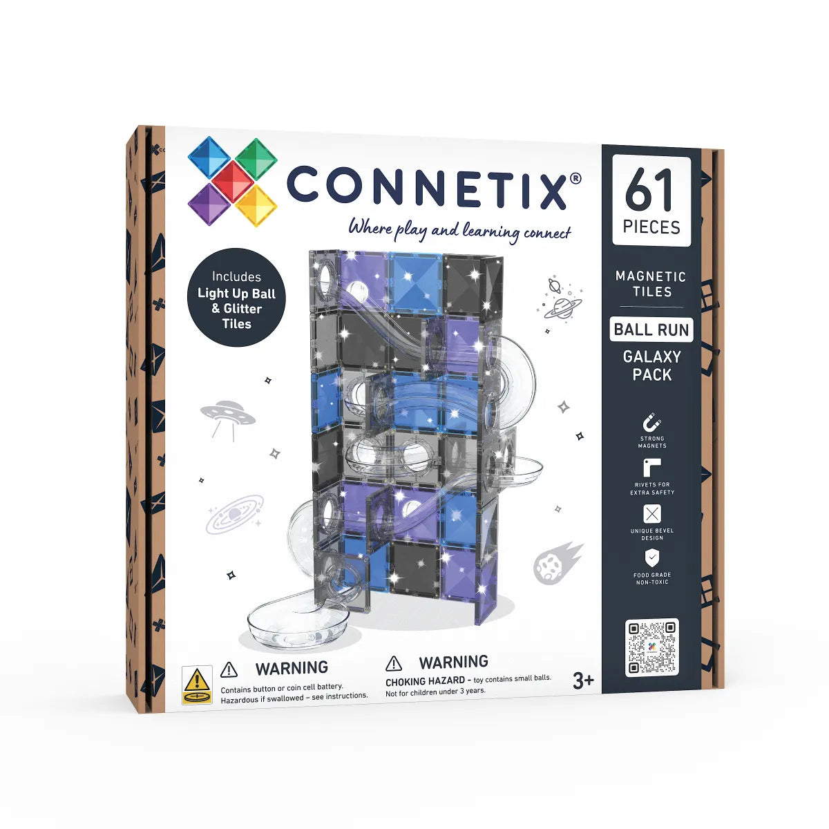 Connetix Tiles Ball Run Galaxy Pack including Light Up Ball and Glitter Tiles