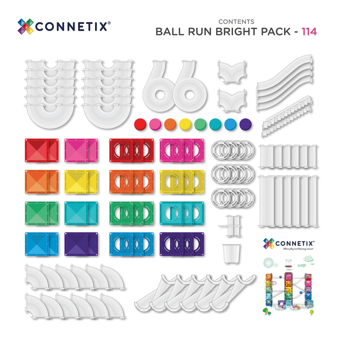 Connetix Tiles Bright Ball Run Pack 114 pc contents