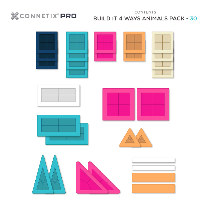 Connetix Tiles PRO Build It 4 Ways Animals Pack 30 pc contents