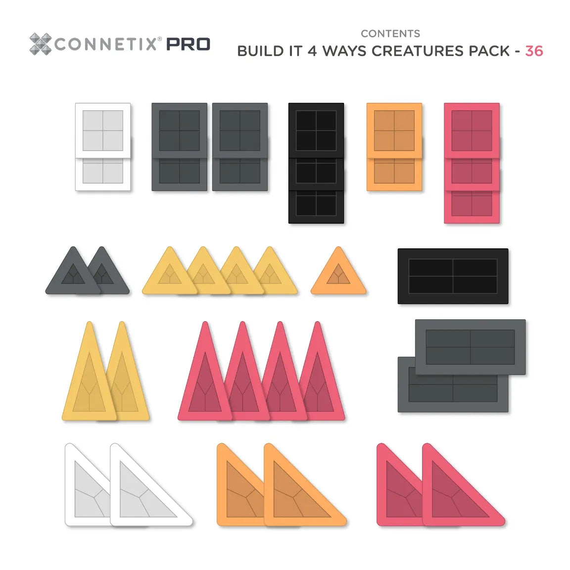 Connetix Tiles PRO Build It 4 Ways Creatures Pack 36 pc Contents