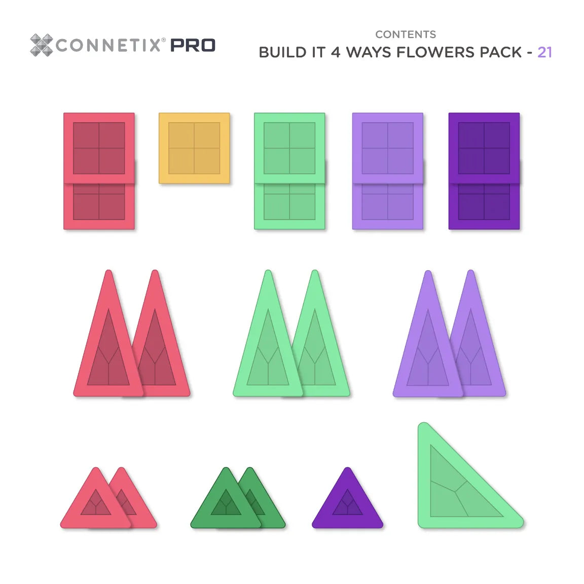 Connetix Tiles PRO Build It 4 Ways Flowers Pack 21 pc contents