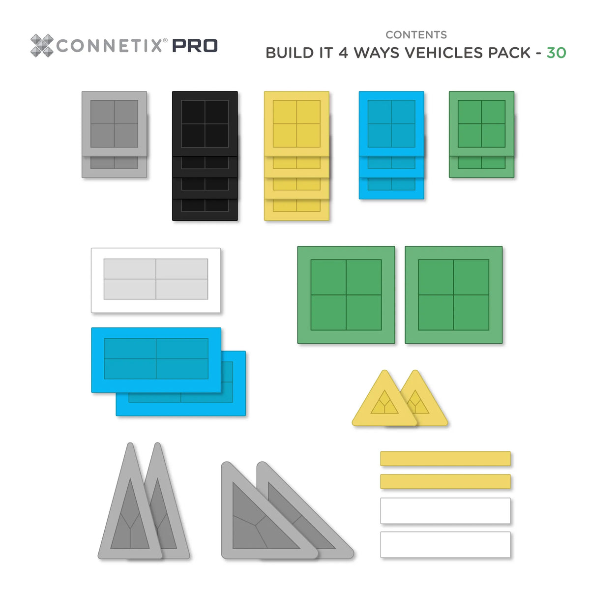 Connetix Tiles PRO Build It 4 Ways Vehicles Pack 30 pc Contents