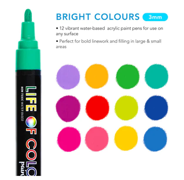 Life of Colour - Brights Colours 3mm Medium Tip Acrylic Paint Pens