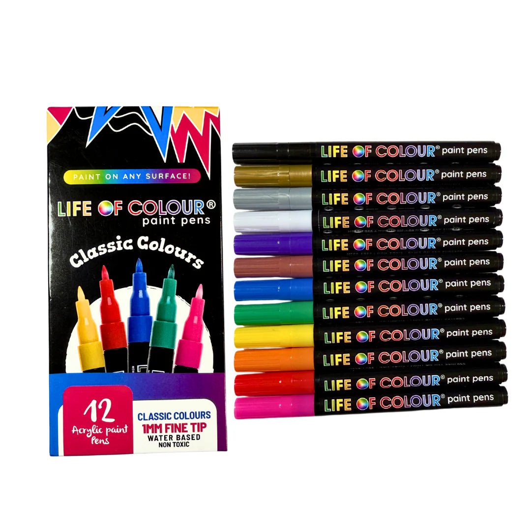 Life of Colour - Classic Colours 1mm Fine Tip Acrylic Paint Pens - Set of 12