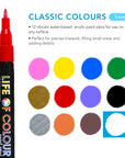 Life of Colour - Classic Colours 1mm Fine Tip Acrylic Paint Pens - Set of 12
