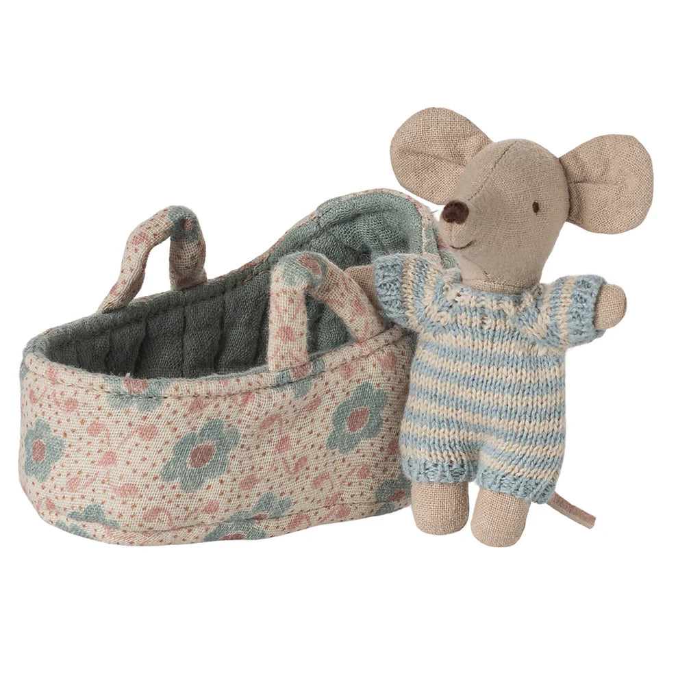 Maileg Baby Mouse in Carry Cot Blue