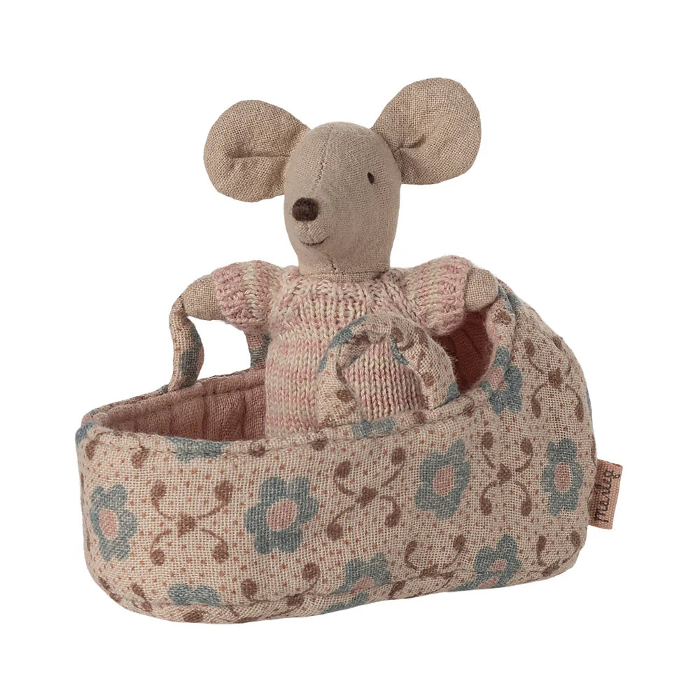 Maileg Baby Mouse in Carry Cot Rose