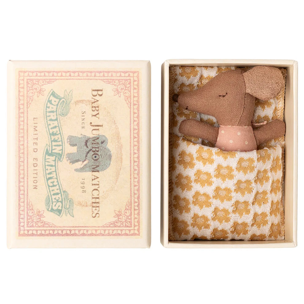 Maileg Sleepy Wakey Baby Mouse in Matchbox Rose