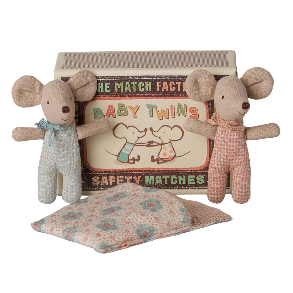 Maileg Twins Baby Mice in Matchbox Checker