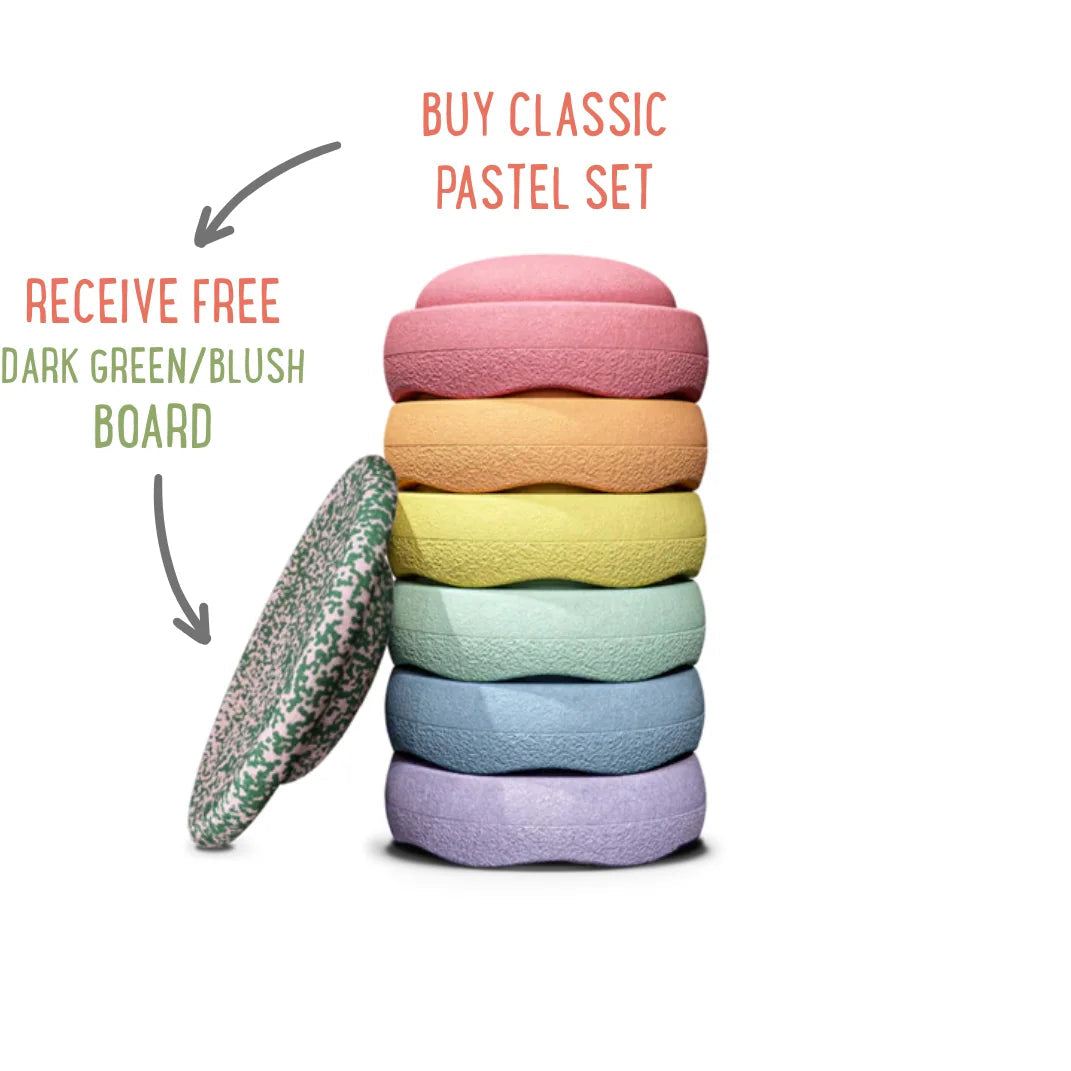 Stapelstein Original Rainbow Pastel Set of 6 + FREE Limited Edition Dark Green Blush Board