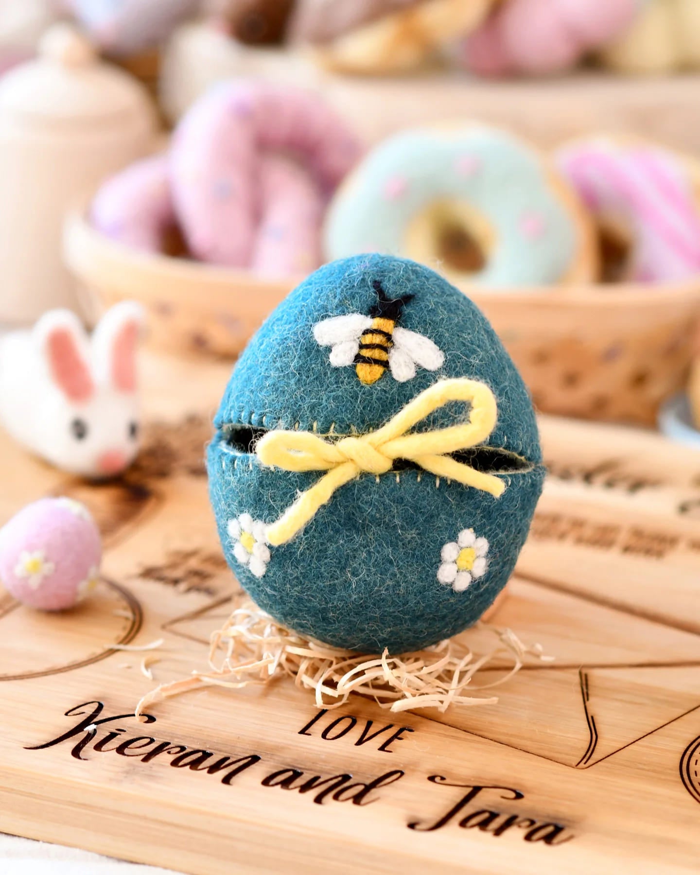 Tara Treasures Felt Egg Cover - blue with bee motif