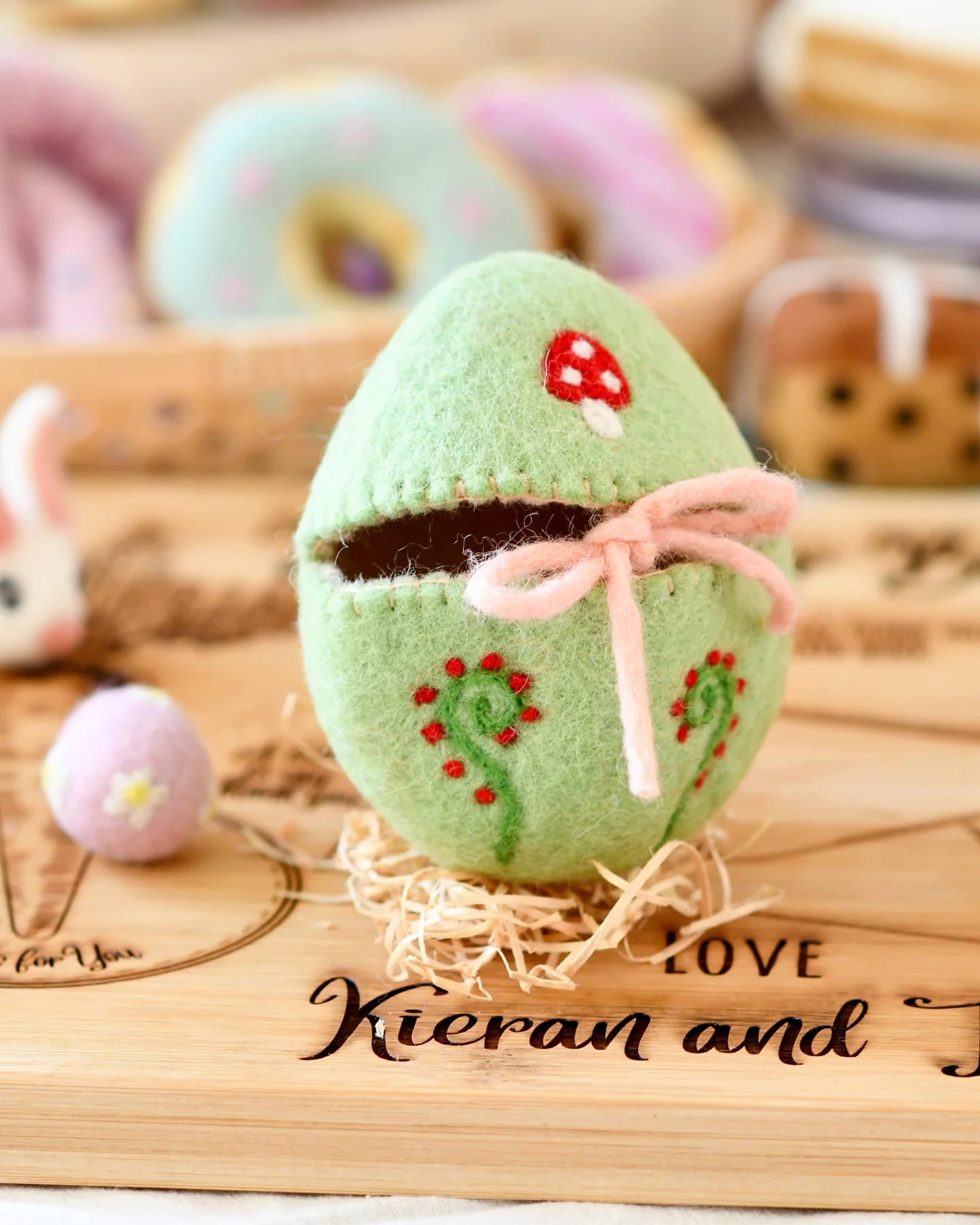 Tara Treasures Felt Egg Cover - green with mushroom motif