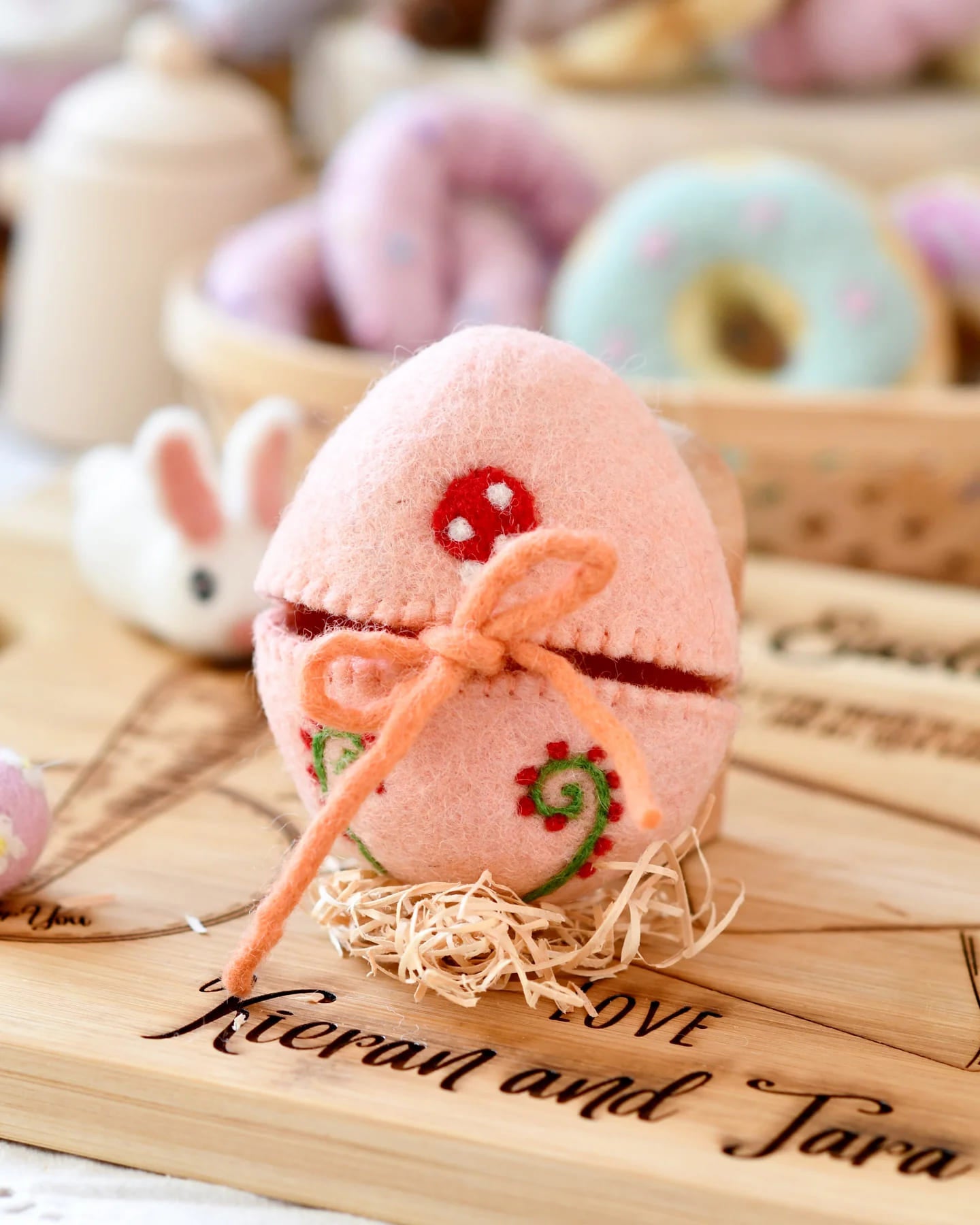 Tara Treasures Felt Egg Cover - peach with mushroom motif