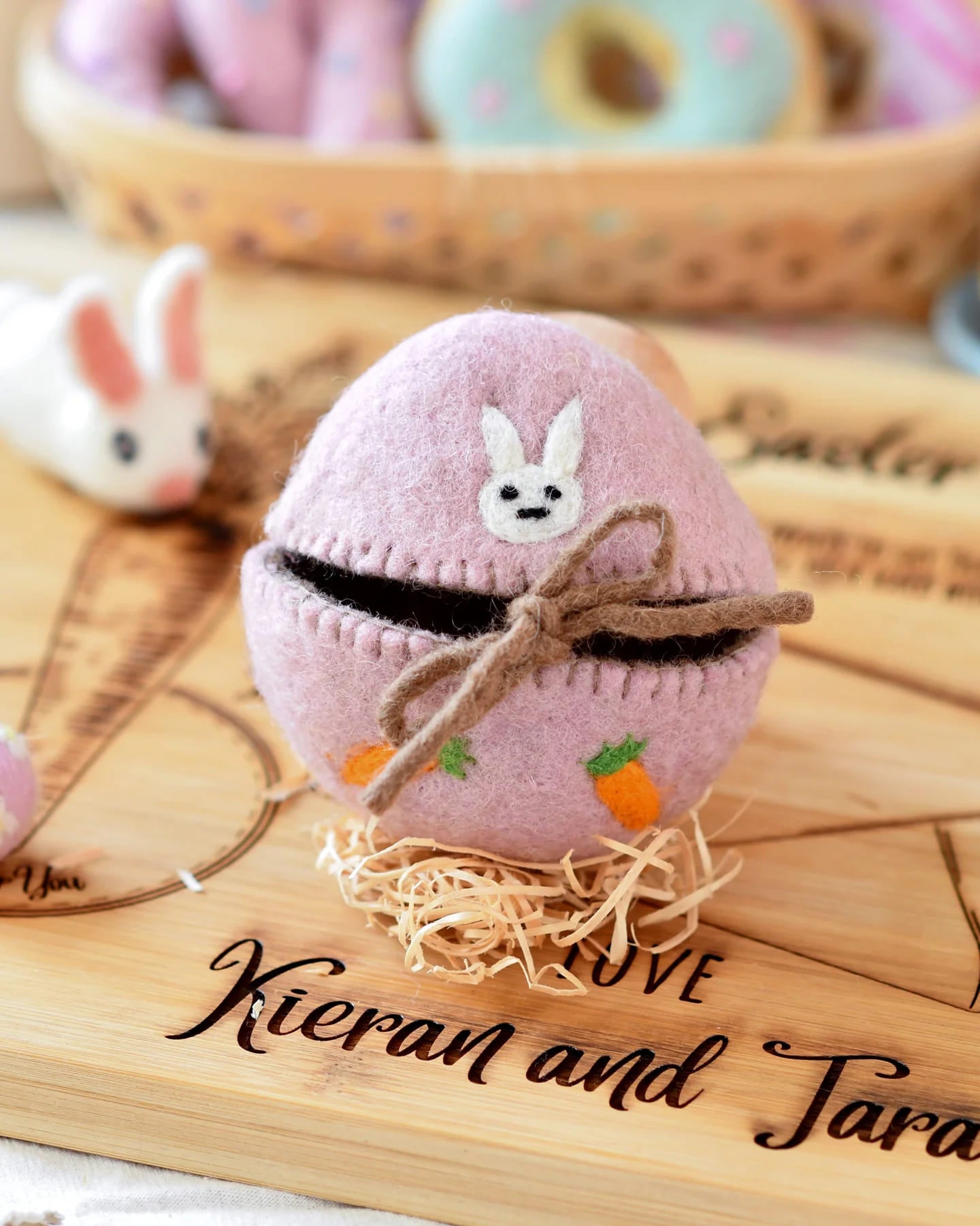 Tara Treasures Felt Egg Cover - pink with bunny motif