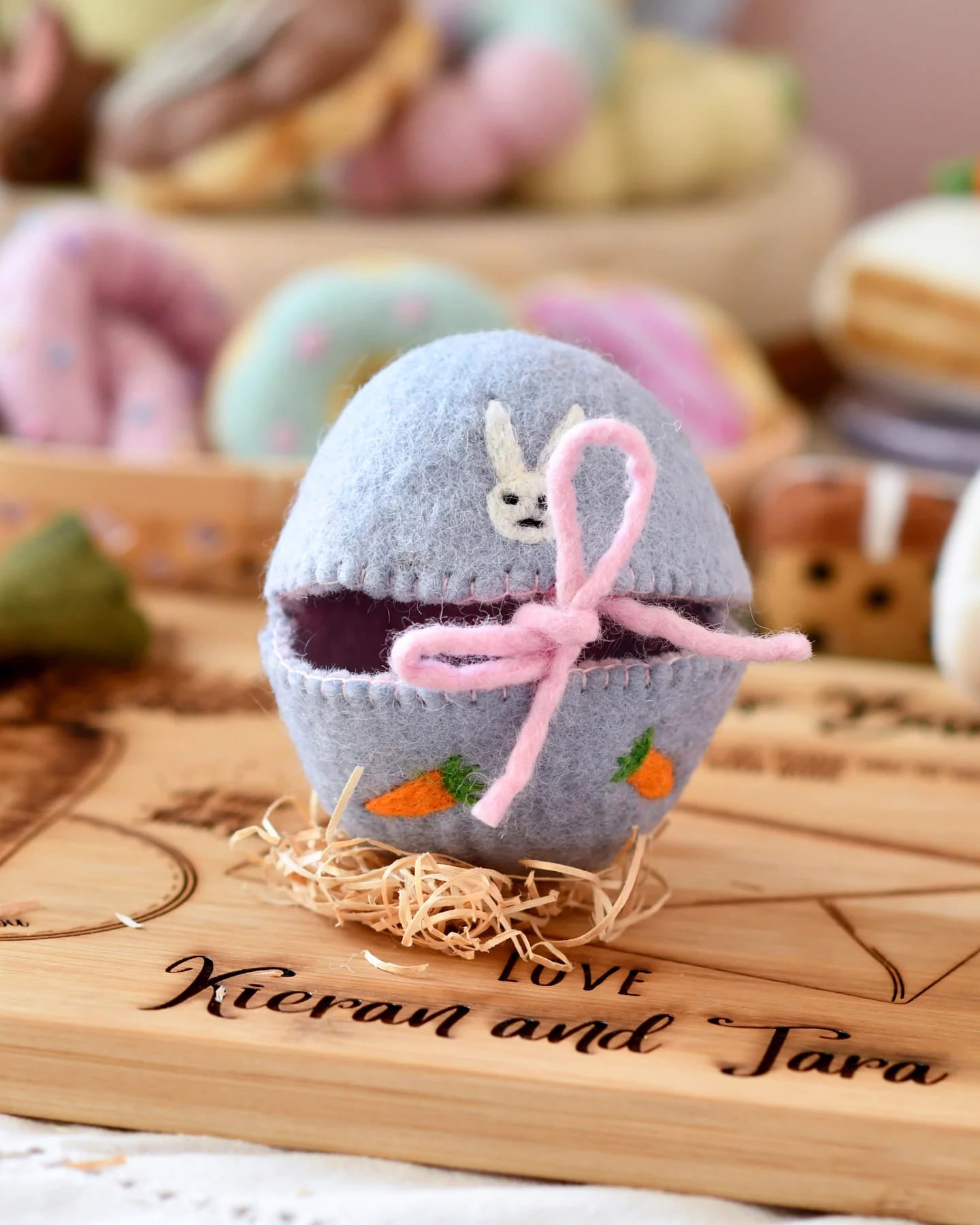 Tara Treasure Felt Egg Cover - purple with bunny motif