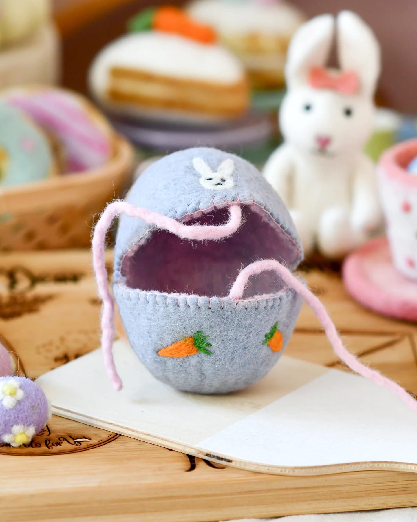 Tara Treasure Felt Egg Cover - purple with bunny motif