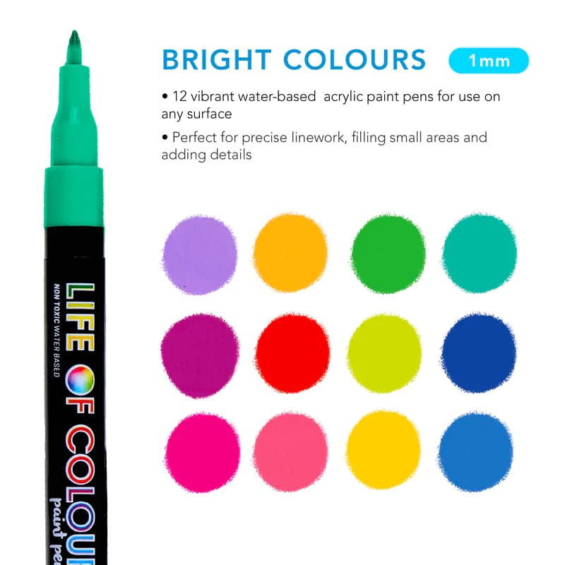 Life of Colour Bright Colours 1mm Fine Tip Acrylic Paint Pens