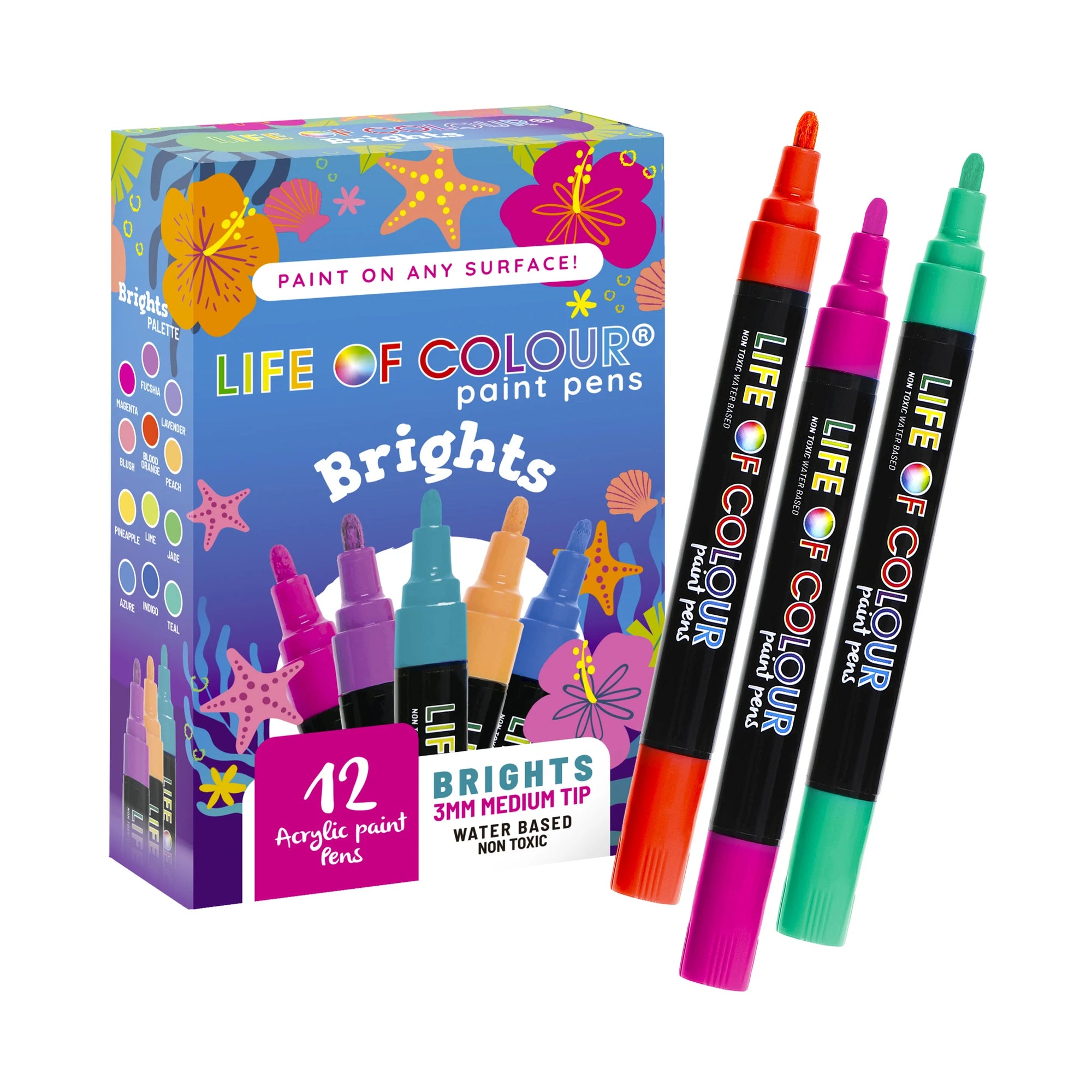 Life of Colours Bright Colours 3mm Medium Tip Acrylic Paint Pens - Set of 12