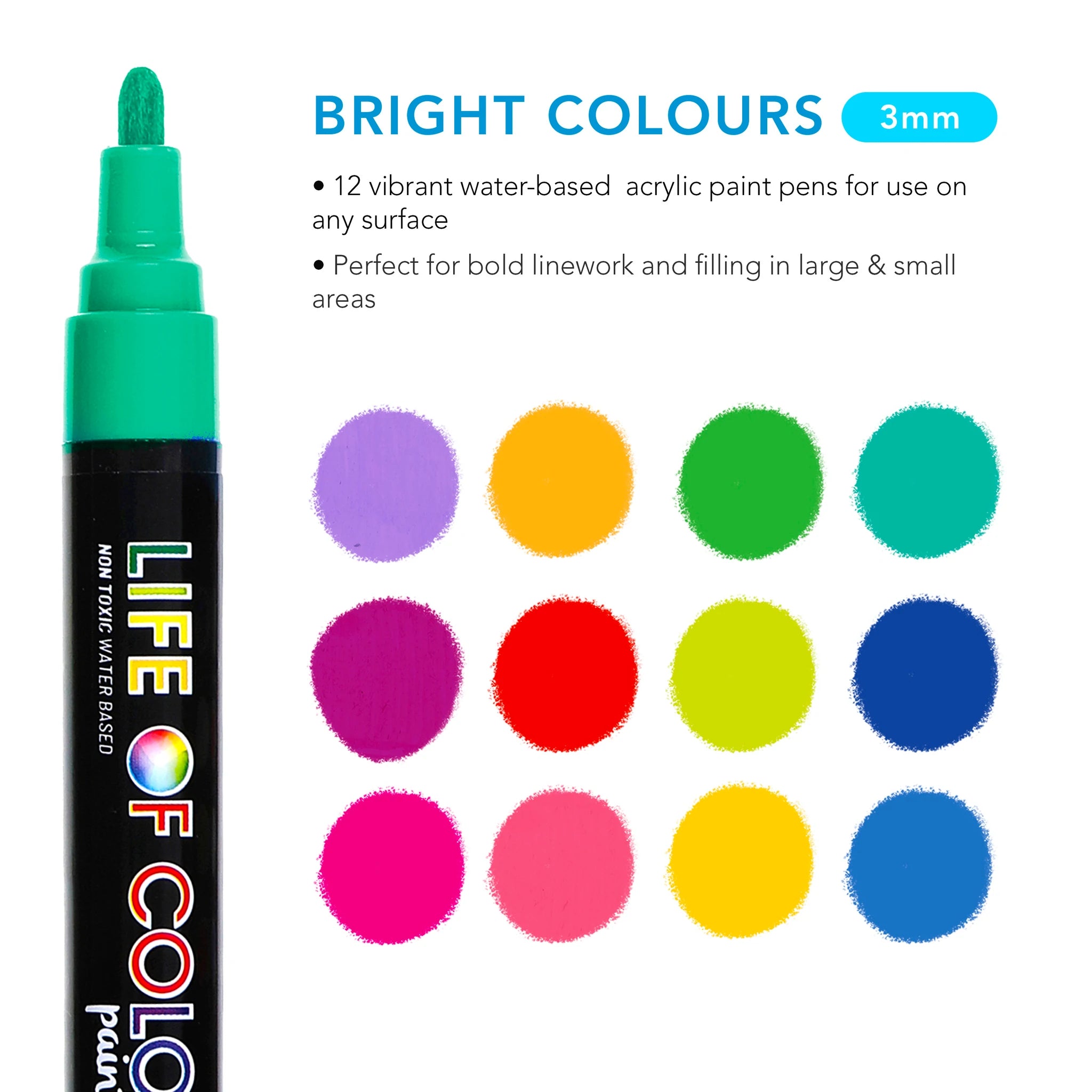 Life of Colours Bright Colours 3mm Medium Tip Acrylic Paint Pens - Set of 12