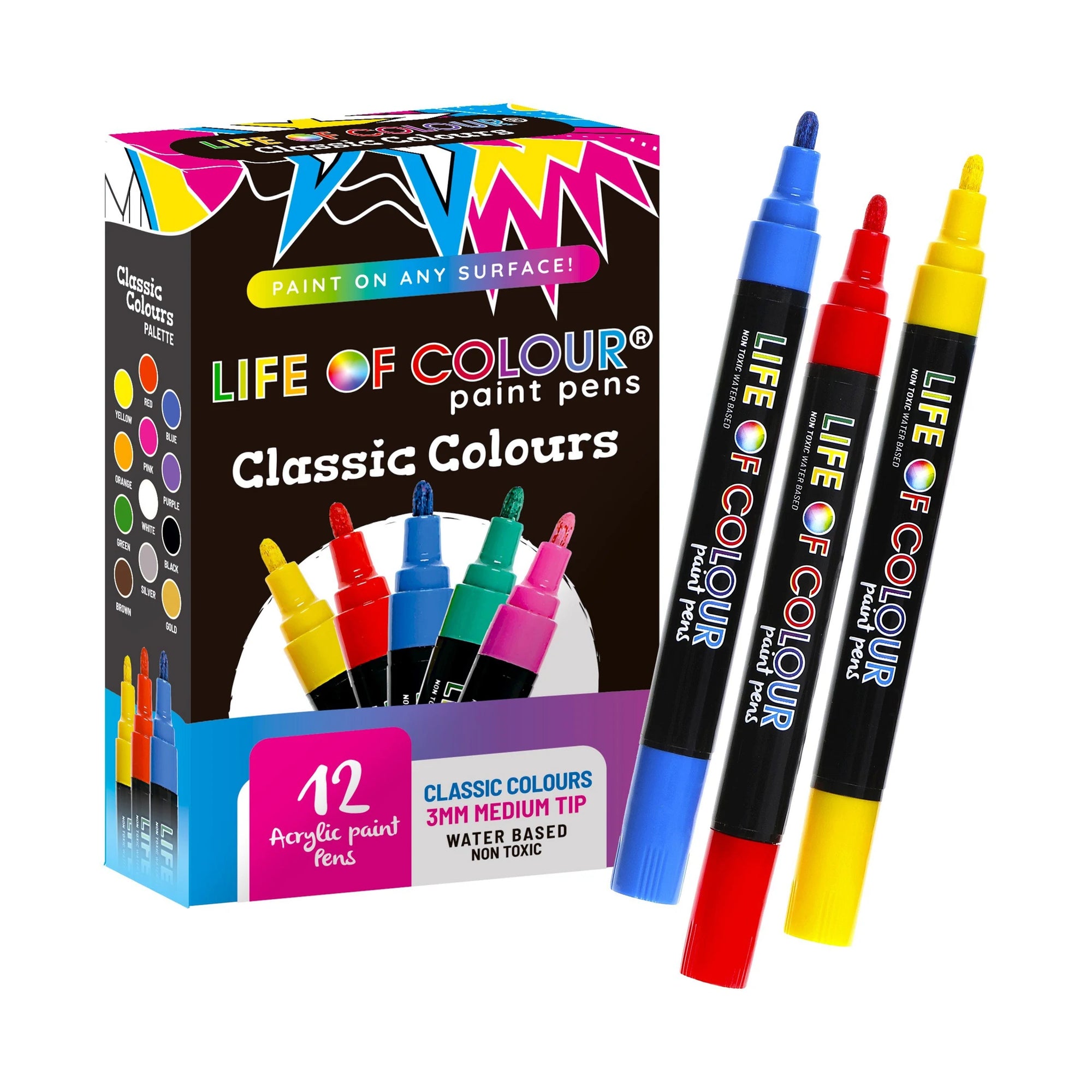 Life of Colours Classic Colours 3mm Medium Tip Acrylic Paint Pens - Set of 12