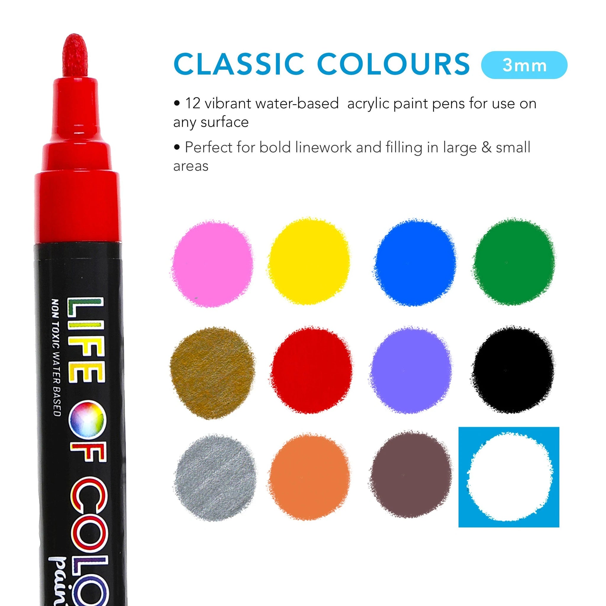 Life of Colours Classic Colours 3mm Medium Tip Acrylic Paint Pens - Set of 12