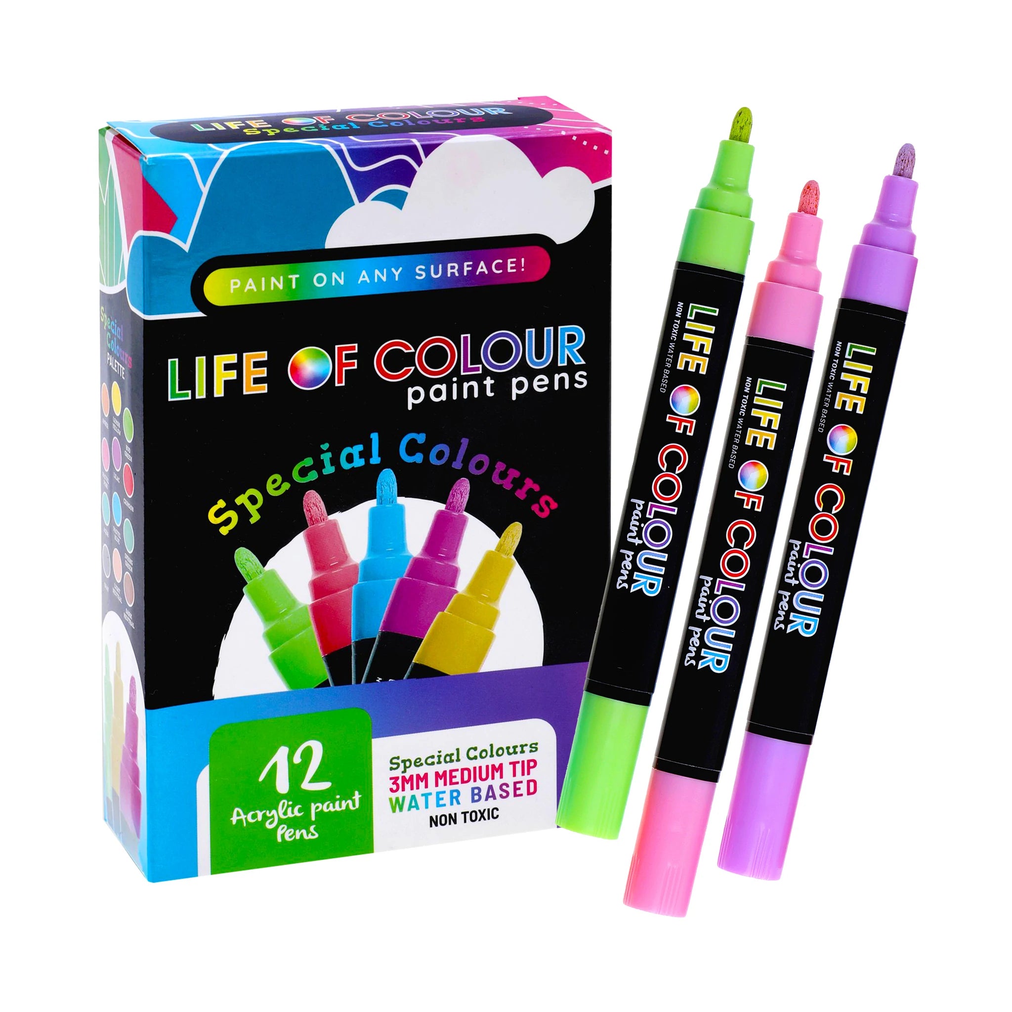 Life of Colours Special Colours 3mm Medium Tip Acrylic Paint Pens - Set of 12