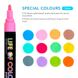 Life of Colours Special Colours 3mm Medium Tip Acrylic Paint Pens - Set of 12