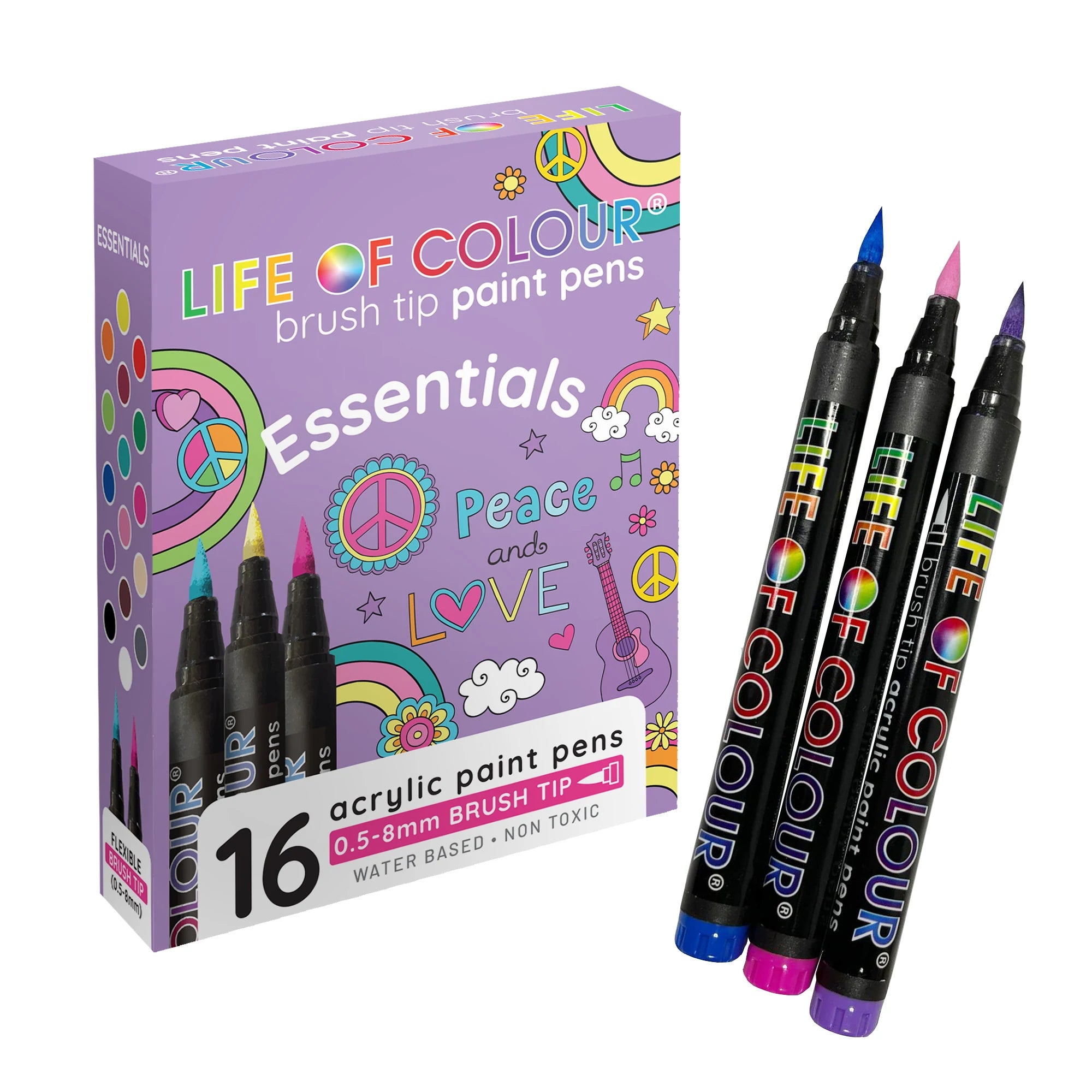 Life of Colour Essential Colours Brush Tip Acrylic Paint Pens - Set of 16