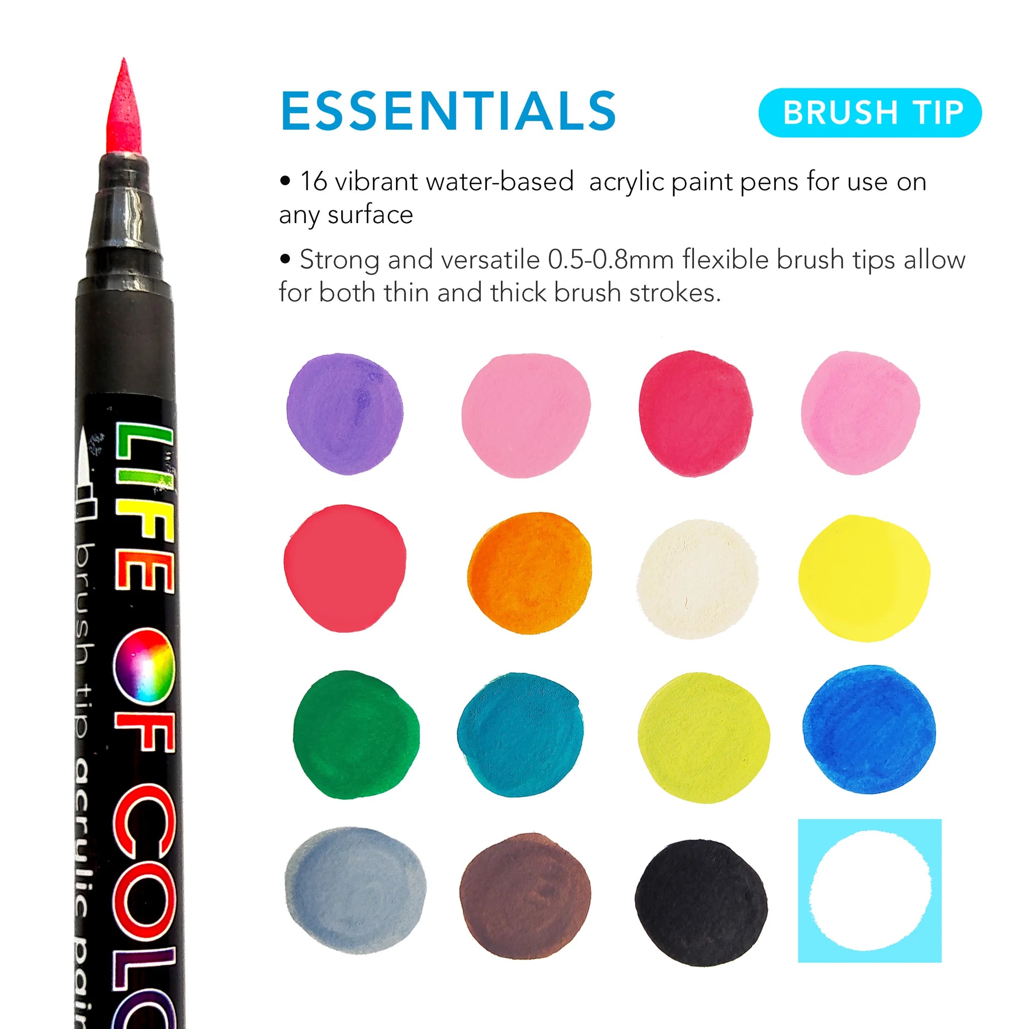 Life of Colour Essential Colours Brush Tip Acrylic Paint Pens - Set of 16