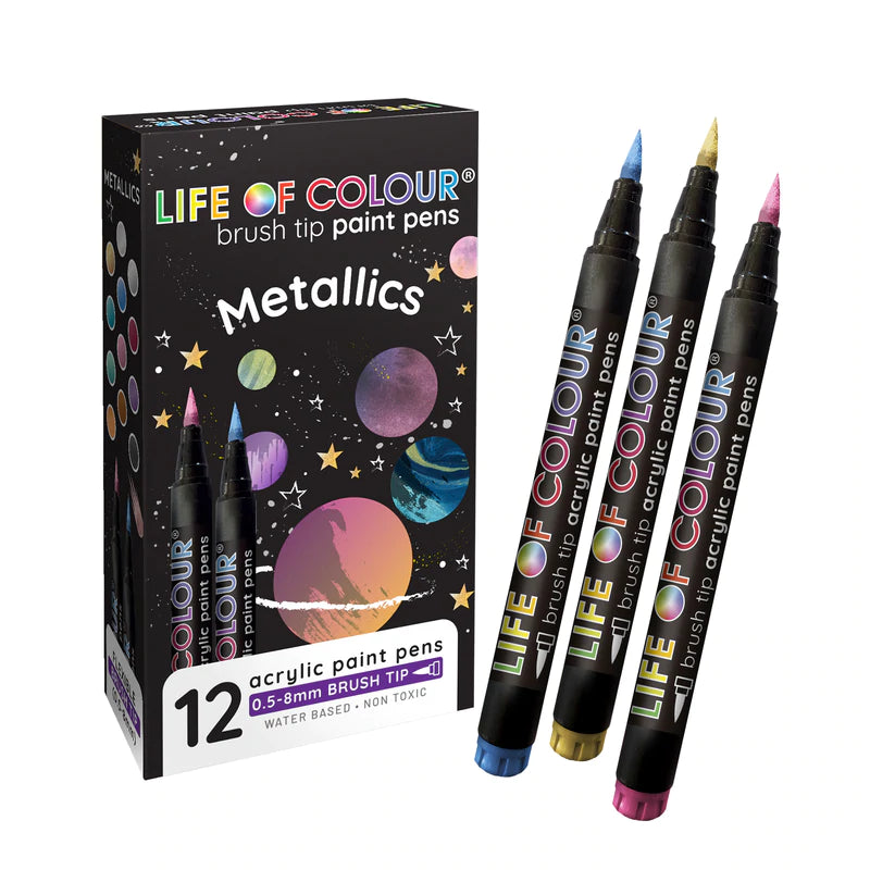 Life of Colour Metallic Brush Tip Acrylic Paint Pens - Set of 12