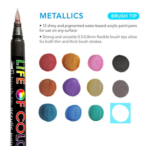 Life of Colour Metallic Brush Tip Acrylic Paint Pens - Set of 12