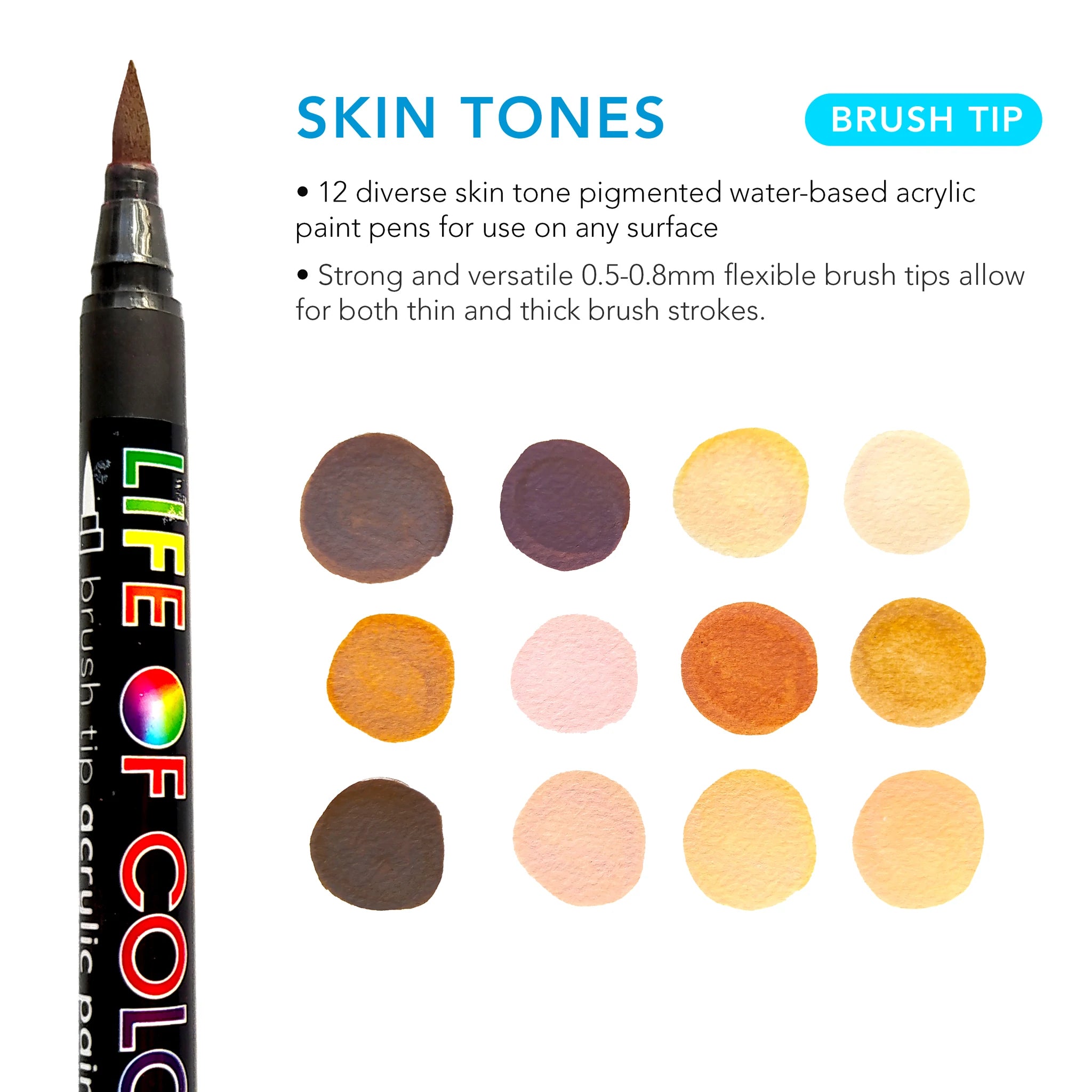 Life of Colour Skin Tones Brush Tip Acrylic Paint Pens - Set of 12